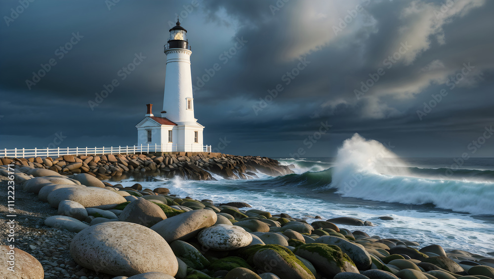 Obraz premium Beauty Lighthouse on rocky shore with dramatic storm clouds