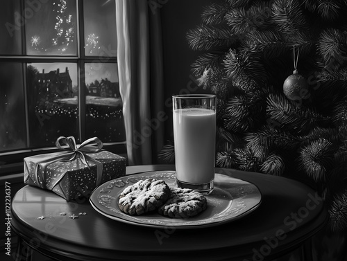 Black and white photorgraphy of a table with a plate of cookies and a glass of milk on the background of a Christmas tree with presents photo