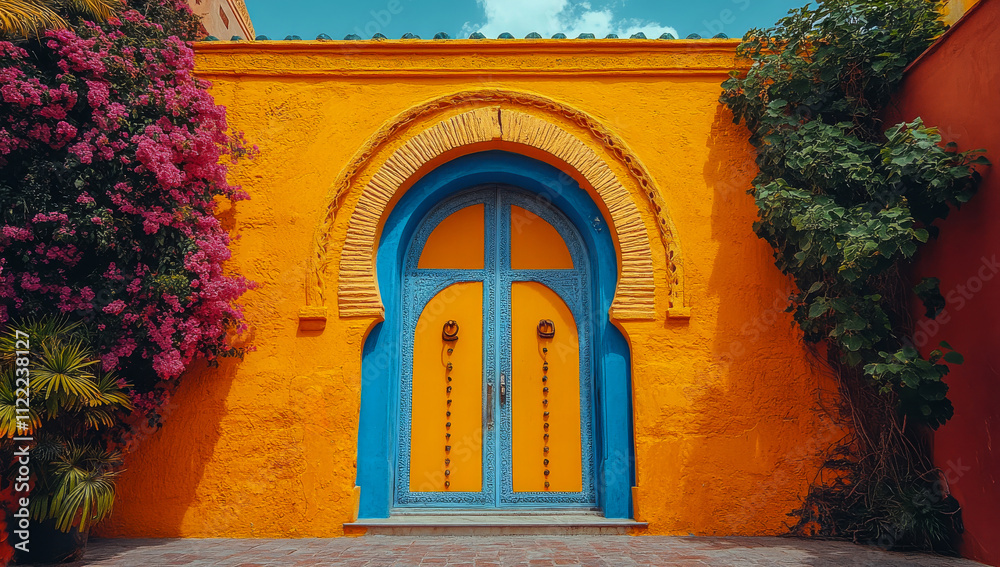 Naklejka premium Vibrant orange walls and blue door entrance. A vibrant orange wall with a striking blue door showcases unique architectural design surrounded by lush greenery.
