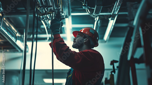 A Dedicated Fire Sprinkler Installer Performing Essential Safety Installations in a Modern Commercial Space photo