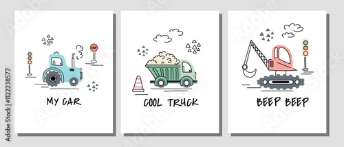 Set of children's posters with cute doodle cars: tractor, dump truck, and construction crane. Fun banners for boys' rooms. Vector illustration.