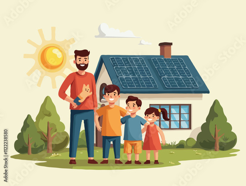 Family in front of their home with solar panels, surrounded by a green and natural landscape