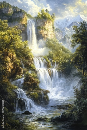 Mountain waterfall cascades through lush green valley.