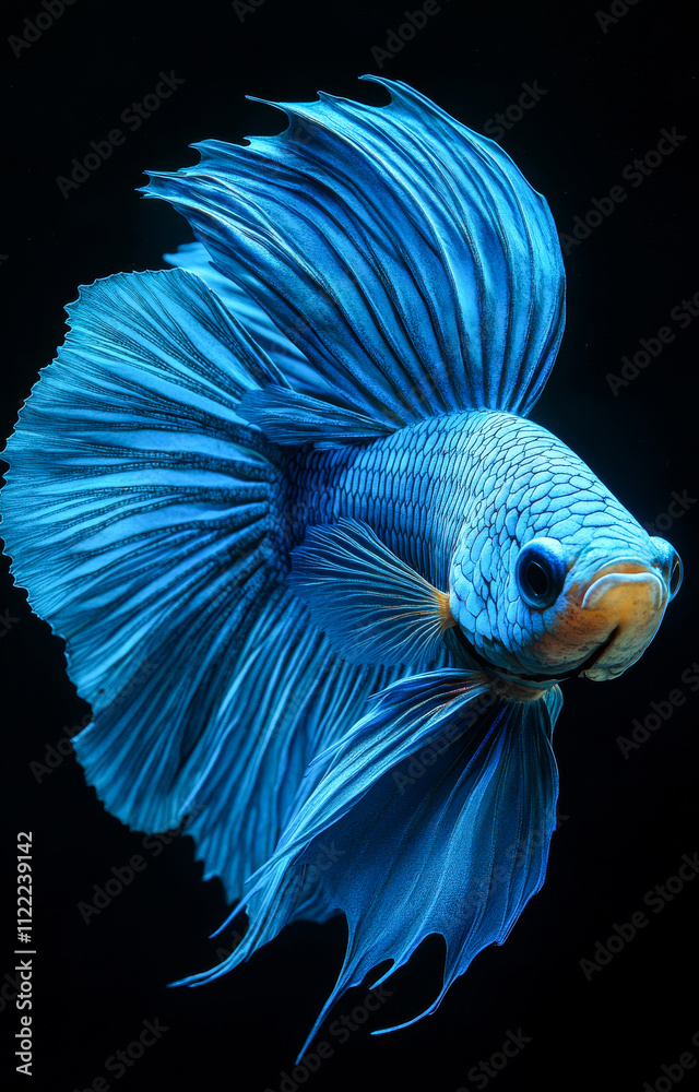 Fototapeta premium Graceful blue betta fish swimming. A vibrant blue betta fish displays its flowing fins while swimming through clear water.