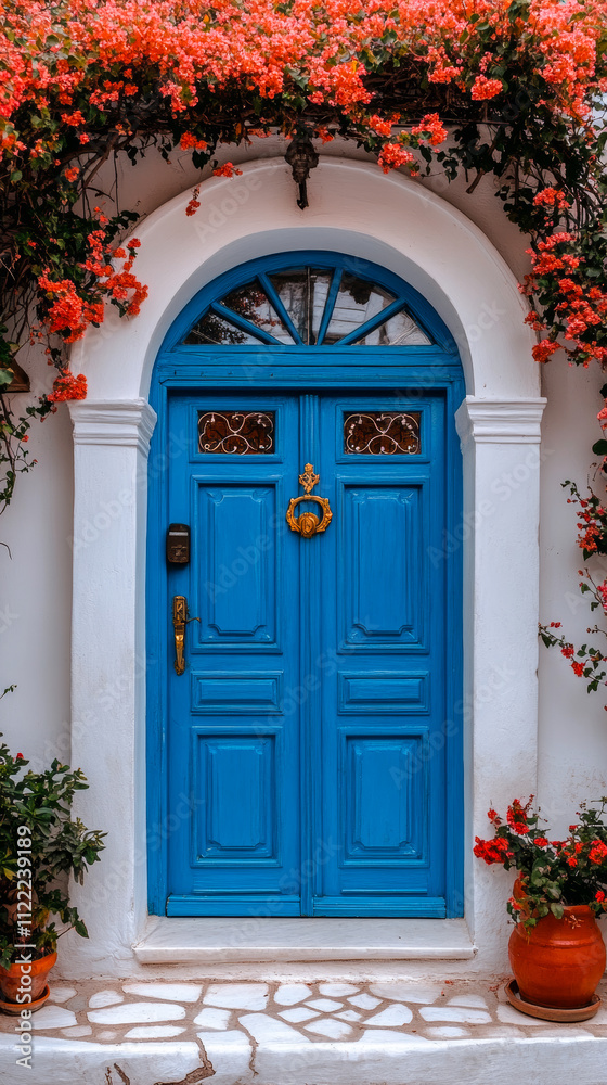 Fototapeta premium Blue door framed by blooming flowers. A stunning blue door surrounded by blooming flowers showcases Mediterranean charm and vibrant colors on a sunny day.