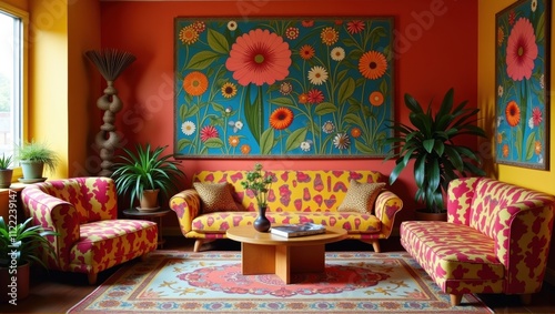 Vintage styled living room with vibrant floral wallpaper and colorful furniture, exuding warmth and eclectic charm. Generative, AI, photo