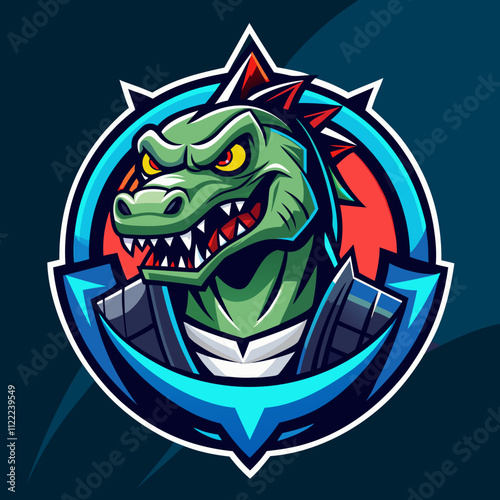 Crocodile man esports logo featuring a fierce reptilian character in a vibrant design