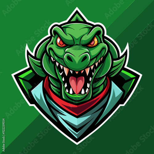 Crocodile man esports logo featuring a fierce green crocodile with an aggressive expression on a vibrant green background