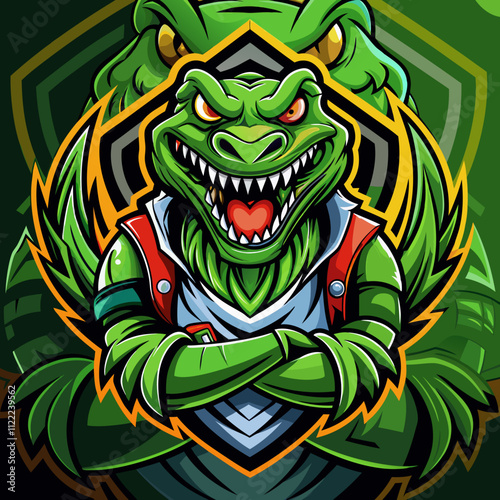 Crocodile man esports logo featuring a fierce reptilian warrior in vibrant colors
