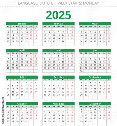 2025 year dutch calendar, vector illustration Dutch, 12 months kalender