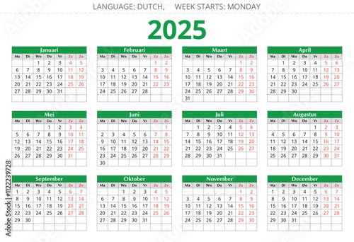 2025 year dutch calendar, vector illustration Dutch, 12 months kalender