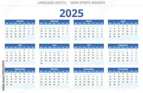 2025 year dutch calendar, vector illustration for Dutch
