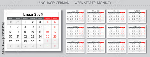 2025 german calendar - Kalender. Vector illustration collection of monthly paper page Germany