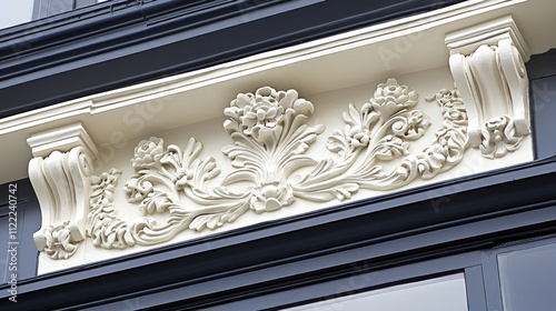 Ornate architectural detail featuring floral motifs and decorative elements. photo