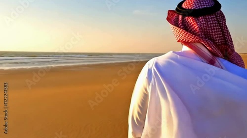 backview of a saudi man in traditional clothes, walking by a beach during sunny day, empty beach