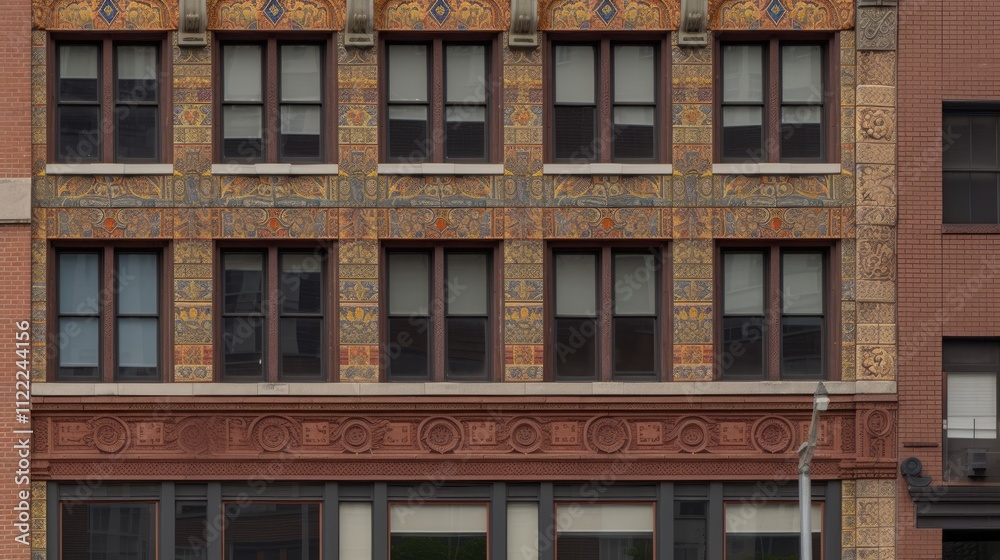 Fototapeta premium Ornate building facade with decorative elements and windows.