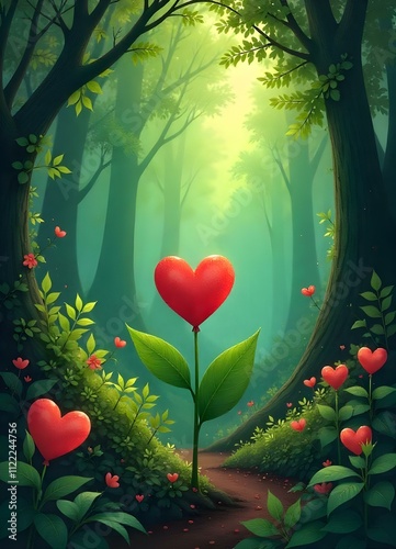 Valentines Day  - Nature-Inspired Love A lush, forest-inspired background with deep greens and soft red hearts photo