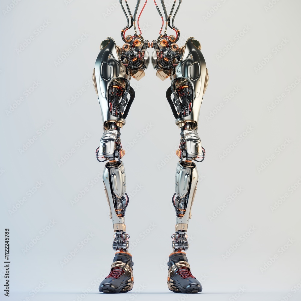 Fototapeta premium Futuristic robotic legs with intricate mechanical design and wires, showcasing advanced technology and innovation in modern robotics engineering
