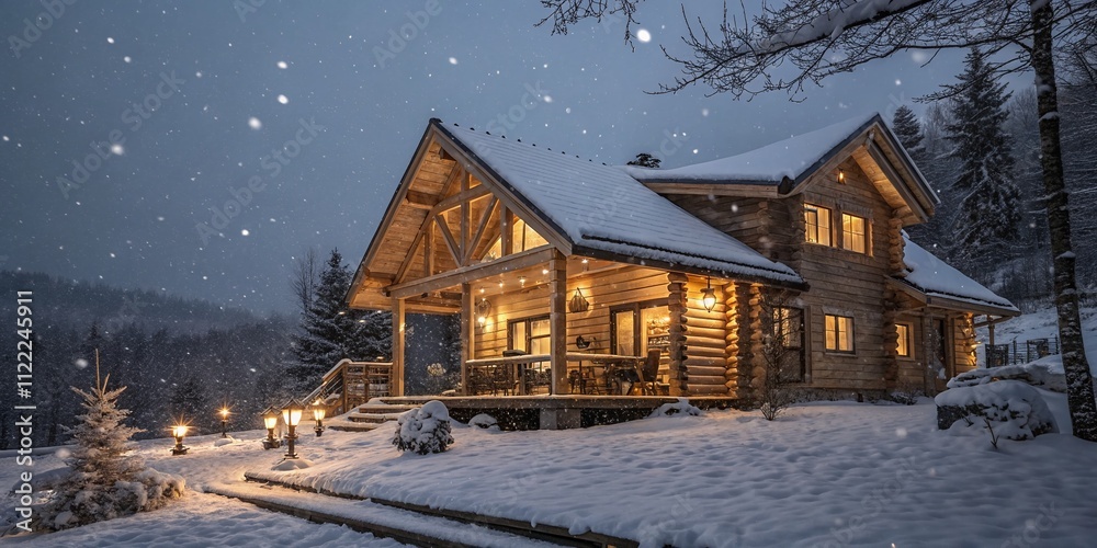 Cozy Wood Log Cabin Illuminated by Shining Patio Lights Amidst Glistening Snowfall on a Winter Evening – A Serene Winter Retreat Cozy Wood Log Cabin Illuminated by Shining Patio Lights Amidst Glistening Snowfall on a Winter Evening – A Serene Winter Retreat