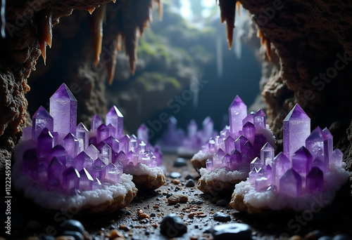 Amethyst crystals form a magical city within a dark cave  illuminated by soft light.