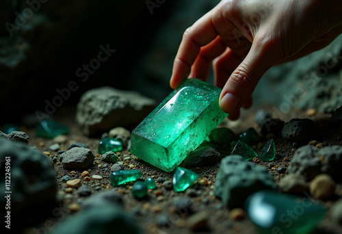 A hand carefully picks up a large emerald from a pile of smaller emeralds and rocks.