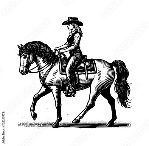 woman riding a horse engraving black and white outline