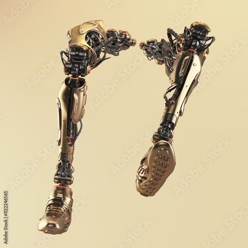 Futuristic robotic legs with intricate golden and black mechanical design showcasing advanced cybernetic technology on a neutral background