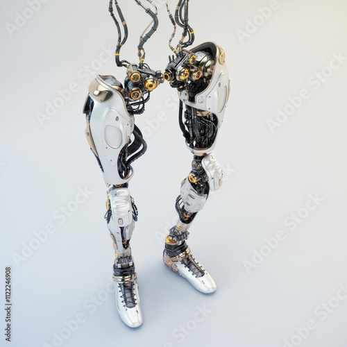 Futuristic robotic legs with intricate mechanical details, showcasing advanced technology and engineering, set against a light background, highlighting innovation
