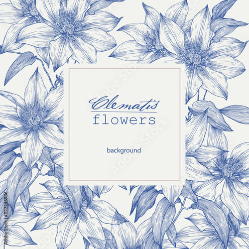 Vintage Vector floral toile illustration Clematis flowers. Blue and beige. Square frame. Hand drawn engraved elements. Background for design wedding, invite, greeting card, branding