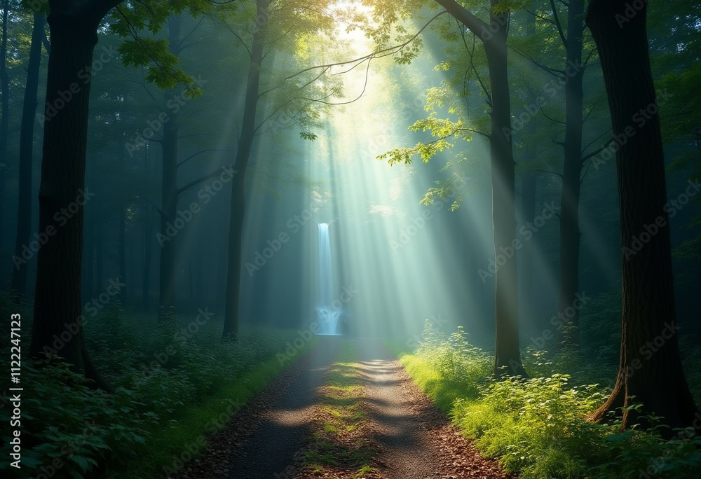 Fototapeta premium Sunlit forest path leads to hidden waterfall in mystical setting.