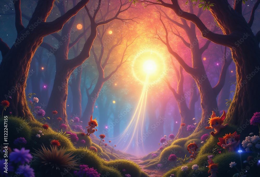 Fototapeta premium Enchanted forest path with glowing light cute creatures and vibrant flowers.