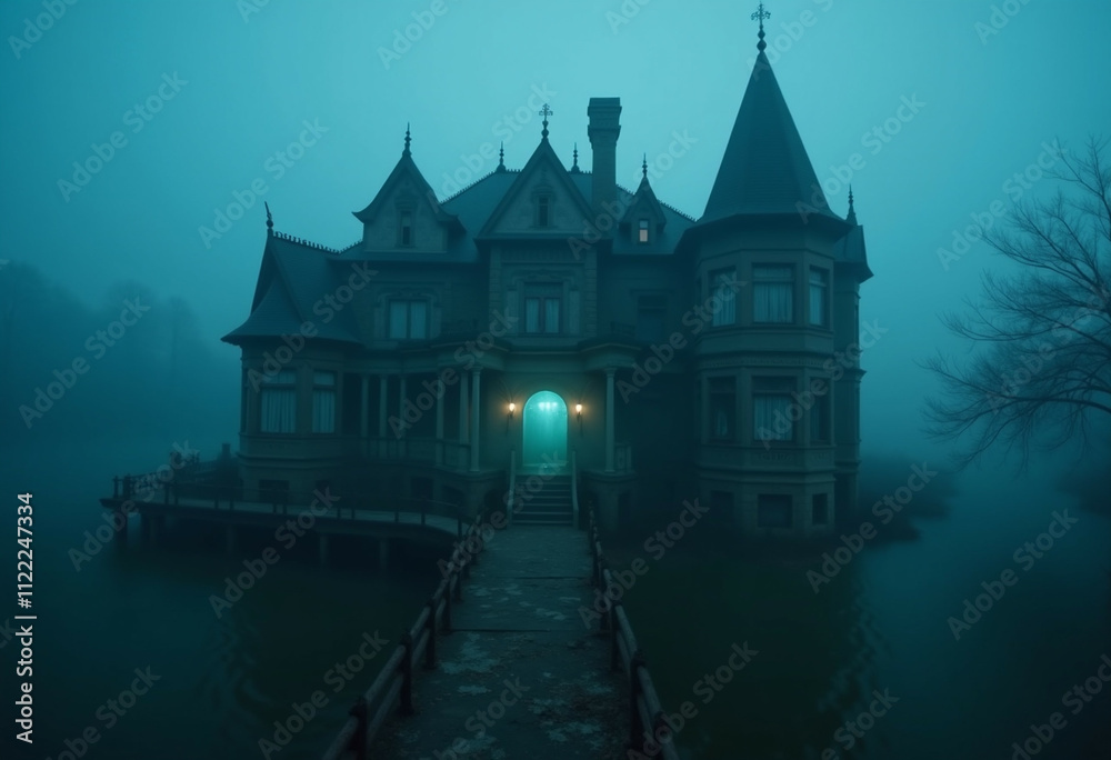 Obraz premium A mysterious fog shrouded mansion stands on a lake its illuminated entrance beckoning.