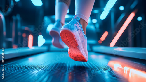 sport treadmill gym running shoe foot leg jogging closeup fitness woman athlete exercising equipment healthy training exercise motion active activity cardio run