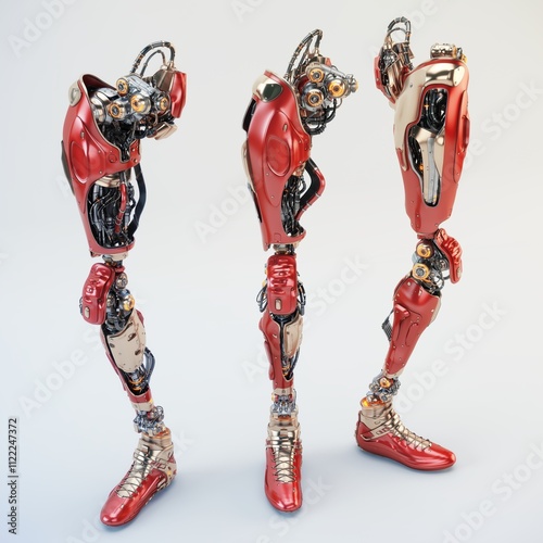 Futuristic red and metallic robotic prosthetic legs with intricate details and advanced technology displayed in three different angles