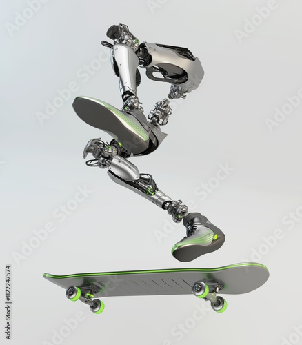 Futuristic robotic legs performing a dynamic skateboard trick mid-air showcasing advanced technology and athleticism against a minimalistic gray background