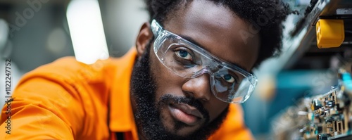 A focused technician in safety glasses works intently on machinery, showcasing precision and expertise in a modern industrial setting. photo