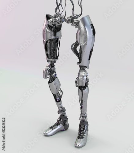 Futuristic robotic legs with intricate mechanical details and sleek metallic finish on a neutral background showcasing advanced technology design