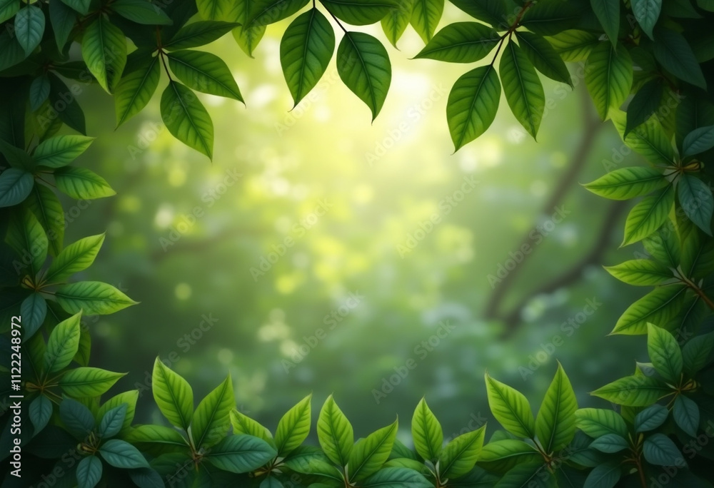 Obraz premium Lush green leaves frame a sunlit forest background creating a serene and natural scene.