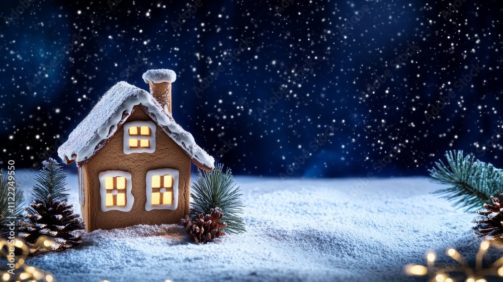 Fototapeta premium A cozy gingerbread house sits in a snowy landscape, illuminated warmly, surrounded by pine branches under a starry night sky.
