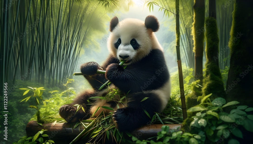 Fototapeta premium Panda Eating Bamboo in Forest