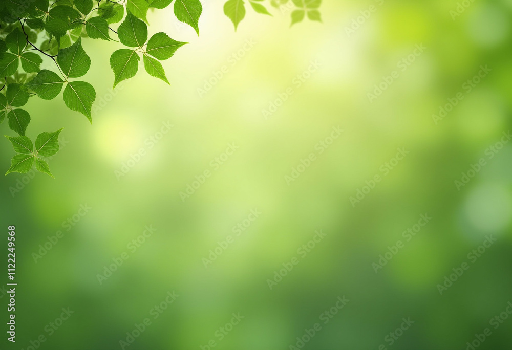 Obraz premium Fresh green leaves frame a blurred natural background evoking serenity and springtime.