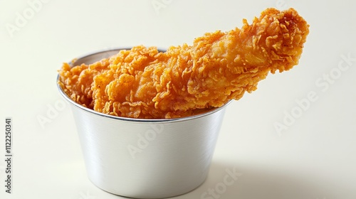 A crispy fried chicken tender placed in a small metal bucket, showcasing its golden texture.