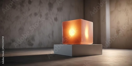 Peach cube on pedestal in studio with empty space and soft lighting, relaxing atmosphere, studio lighting, soft focus