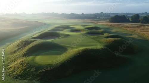 Aerial View of Unique Golf Course Landscape with Rolling Greens photo