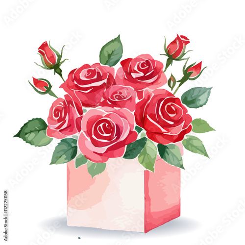 Hand drawn watercolor painting of a bouquet of red roses in a pink gift box isolated on a white background. Holiday collection vector illustration	