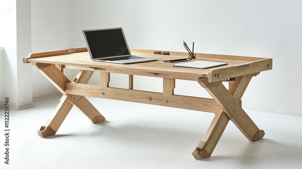 Fototapeta premium Modern Wooden Desk with Laptop and Stationery in Bright Office Space