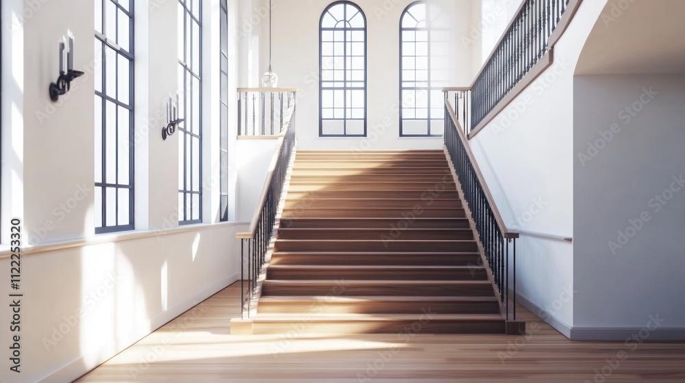 Obraz premium Sunlit wooden staircase in a bright hallway with large windows.