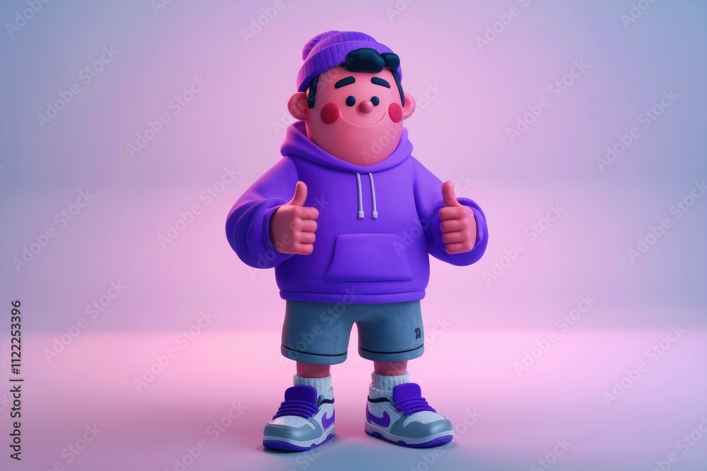 A cheerful 3D cartoon character gives a double thumbs-up, wearing purple attire. A cheerful 3D cartoon character gives a double thumbs-up, wearing purple attire.