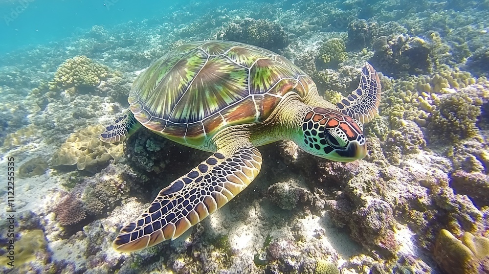 Fototapeta premium Graceful Sea Turtle Swimming Through Vibrant Coral Reef Ecosystem