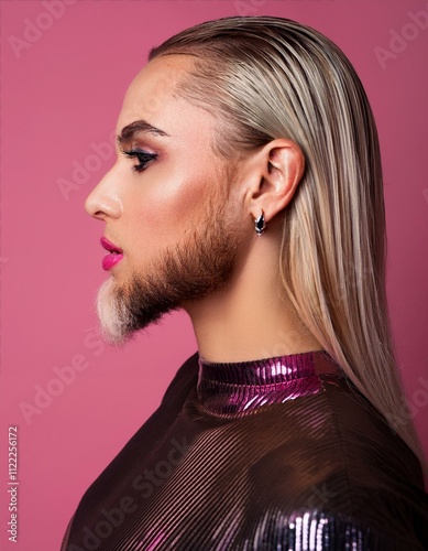 Profile portrait of a glamorous transgender person with a beard, showcasing sophisticated makeup, set against a pink backdrop. photo